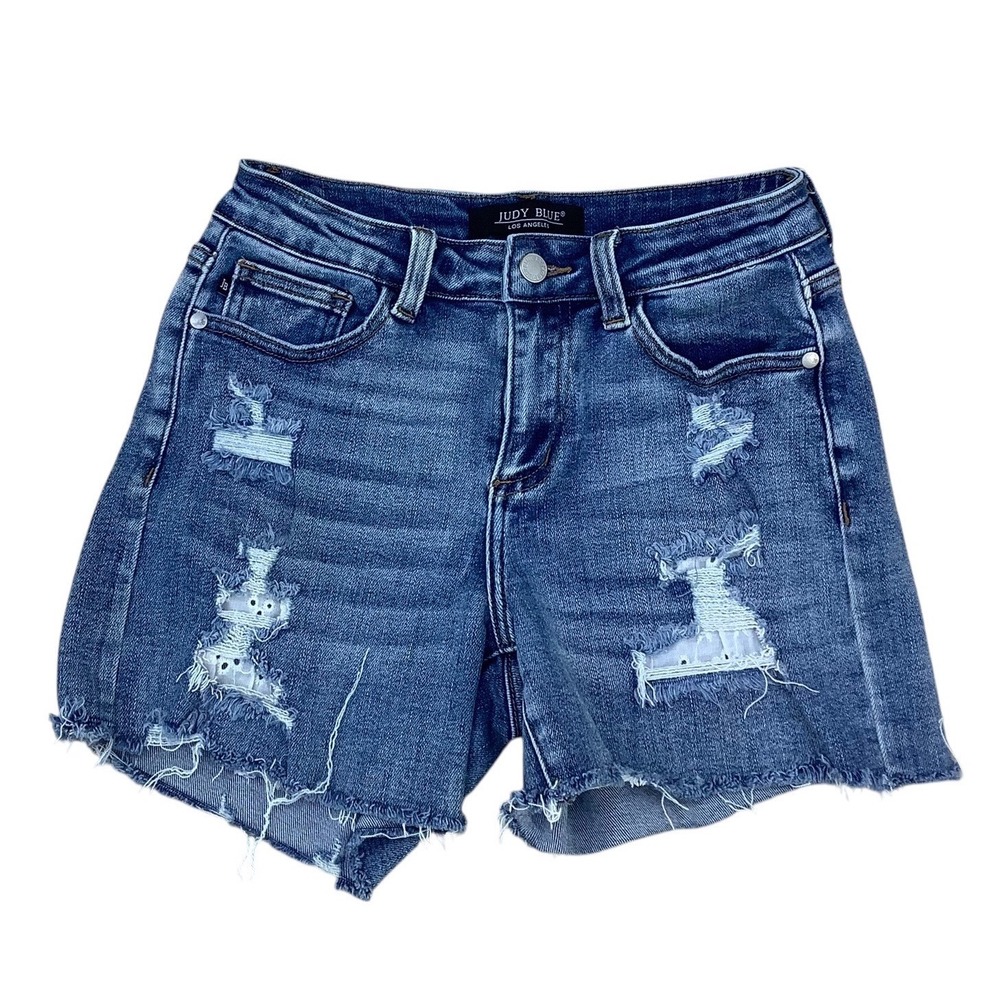 Judy Blue Los Angeles Distressed Denim Shorts Medium Wash Raw Hem Size Small